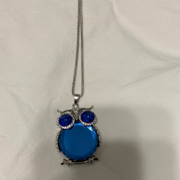 Owl necklace long chain pendant silver blue. New - Picture 2 of 6